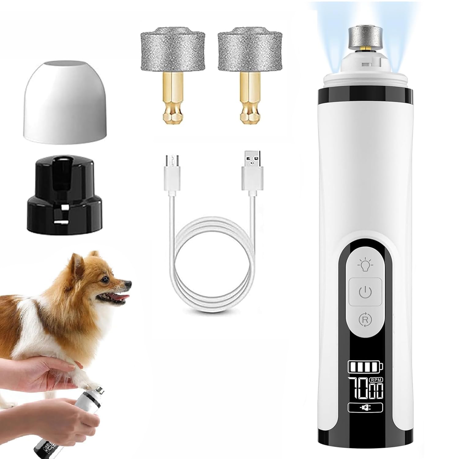 Upgrade Heusom Silent Pro Groom Nail Grinder Cordless with LED Light & 3 Speeds for Dogs and Cats, Silent Groom Pro Nail Grinder, Rechargeable Dog Nail Trimmer for Thick Nails (1 Pc+2 Heads)
