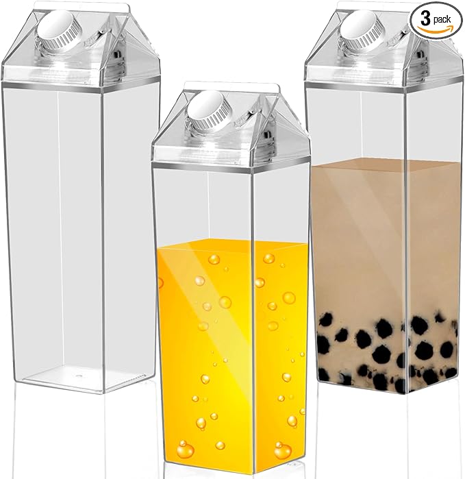TINSKY 3 Pcs Milk Carton Clear Water Bottle Plastic Milk Carton Container Reusable Portable Square Juice Coffee Cup Bulk(34Oz)