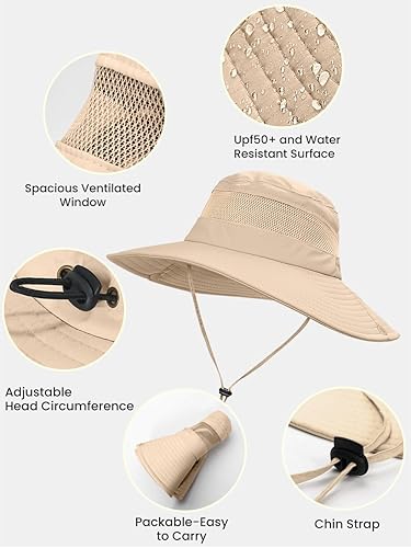 Miniatura 5 de Sombrero de sol con agujero alto para cola de caballo para mujer, protección UV UPF 50+, safari, senderismo, ala ancha, plegable, impermeable,