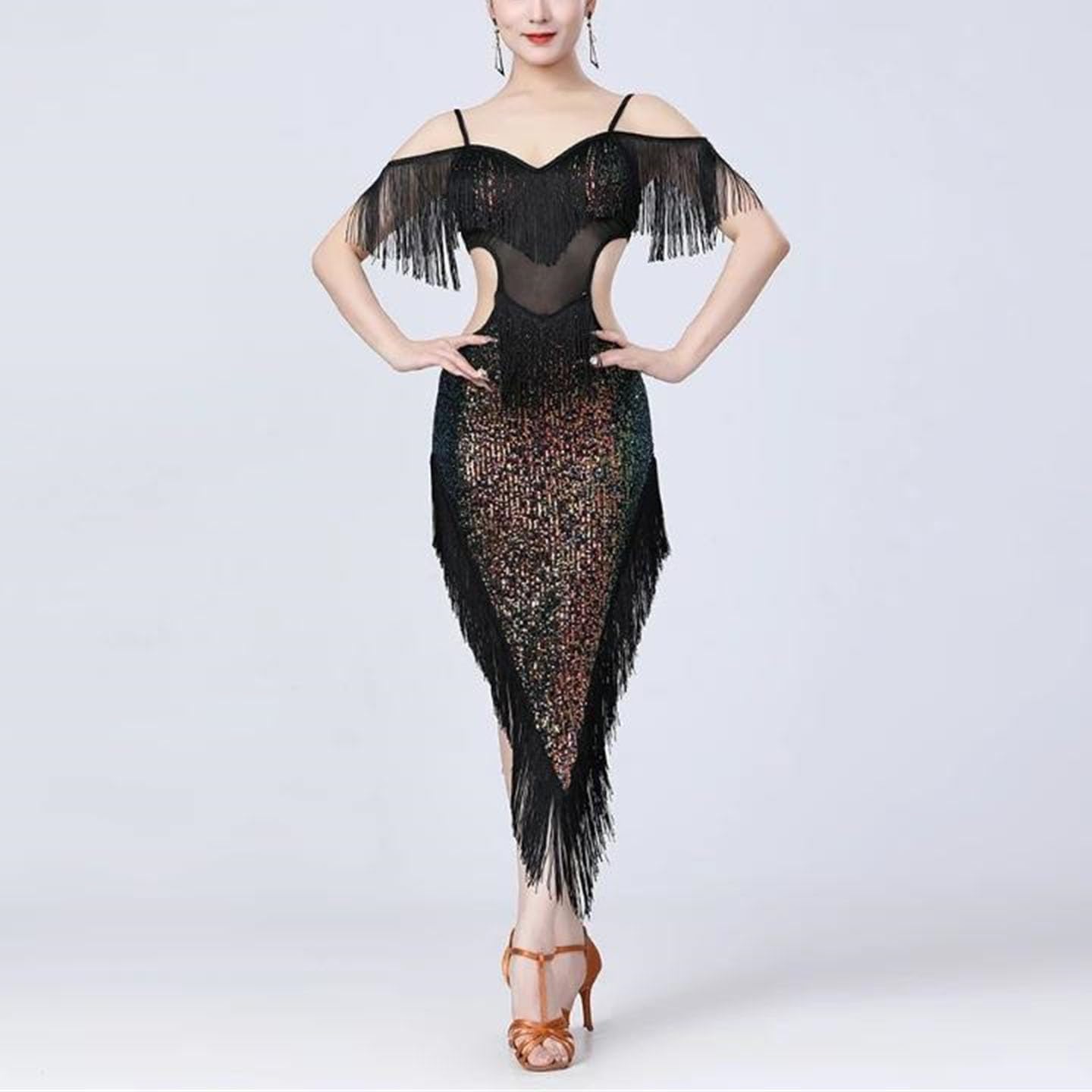 Women Line Dance Costume Sleeveless Practice Outfit Latin Competition Dress Sequins Tassels Stage Performance Wear