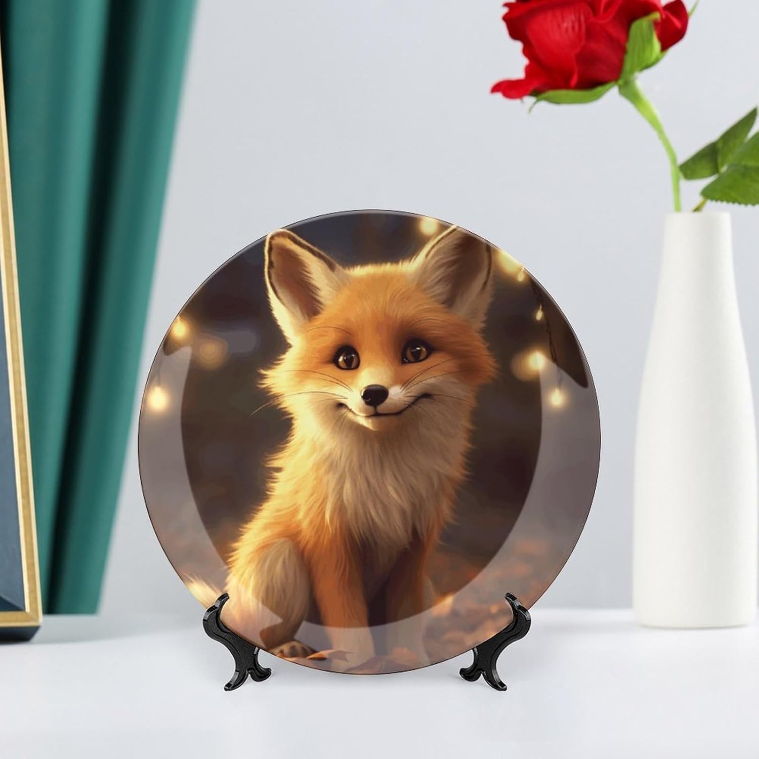 Cute Fox Bone China Decorative Plate with Display Stand, Ceramic Ornaments Plate for Wall Hanging, Personalized Porcelain Plates for Office, Living Room 8inch