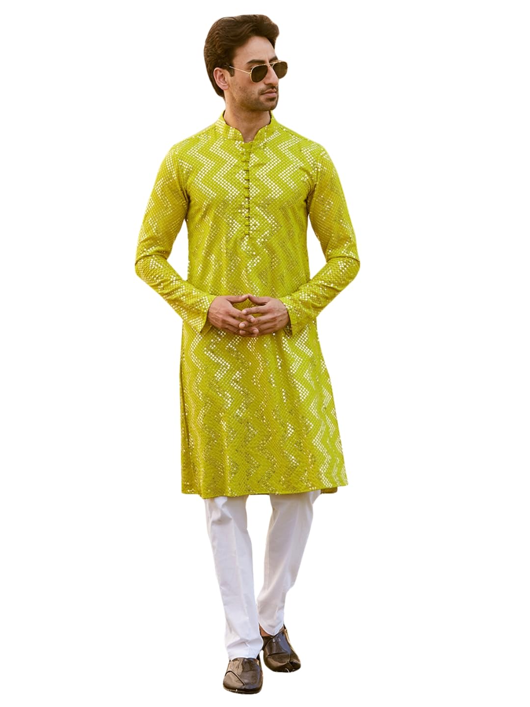 Men Full Sleeve Lime Green Sequins Woven Designs Mandarin Collar Side Slit Kurta With Pyjama-image-20