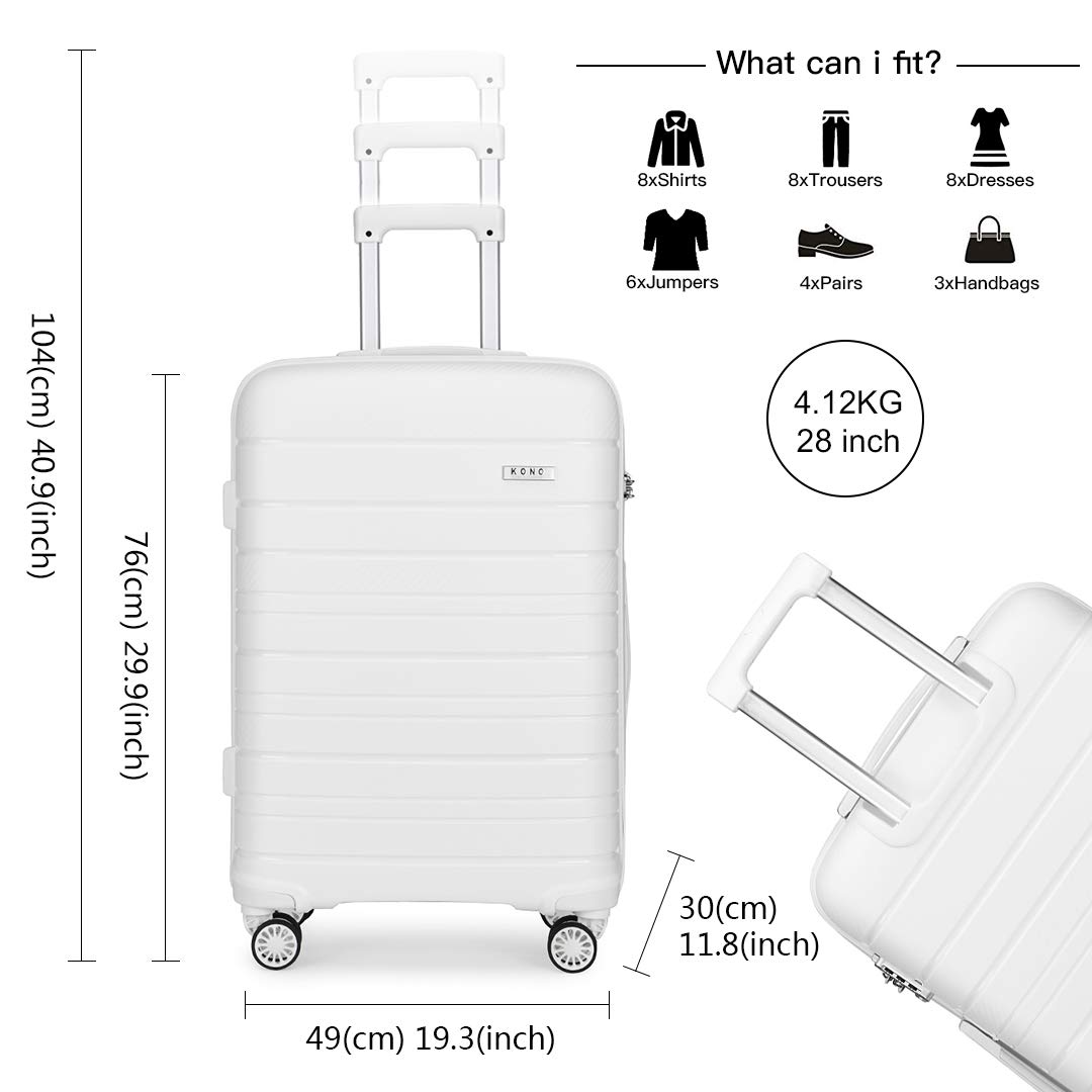 KONO Valigia Grande 76cm Rigida in Polipropilene Valigie con TSA Lucchetto e 4 Ruote Trolley da 28 Pollici, Bianco