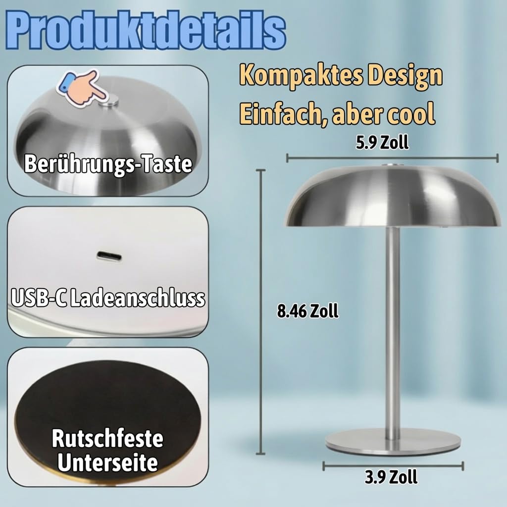 2er Set LED Pilz Tischlampe Metall, 3 Farben Stufenlos Dimmbar - Touch Nachttischlampe Tragbar für Schlafzimmer, Restaurant, Bar, Garten, Sliver