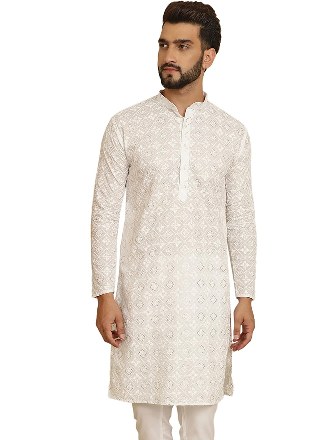 Sojanya (Since 1958 Men's Cotton Embroidered With Gold Seqence White Color Only Long Kurta::Size-38