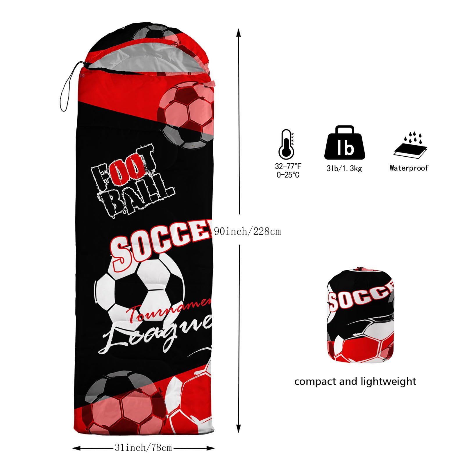 HOSIMA Sleeping Bags,Black Red Theme Football Printed Lightweight Warm Portable Outdoor Indoor Waterproof Cold Resistant Sleeping Bag for Camping Hiking (Football4) - Image 3