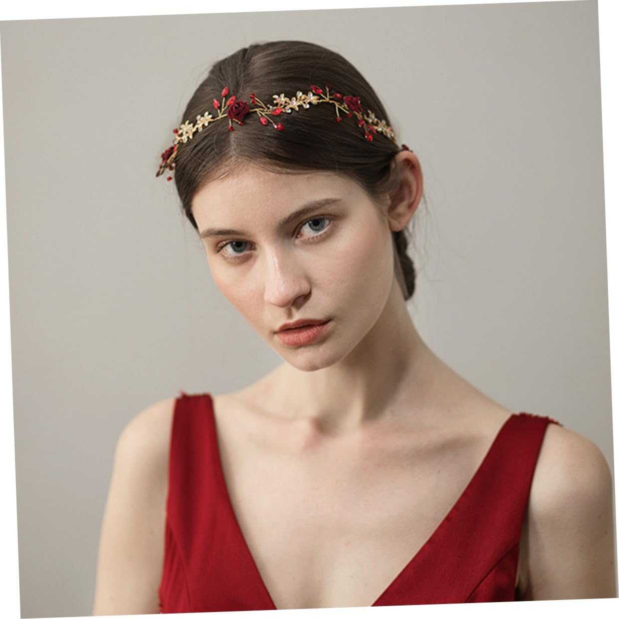 WOONEKY 1pieza Tocado Floral Delicado Para Novia Piedras Rojas Accesorio De Boda Para Fotografía De Fiesta y Estilo Chino