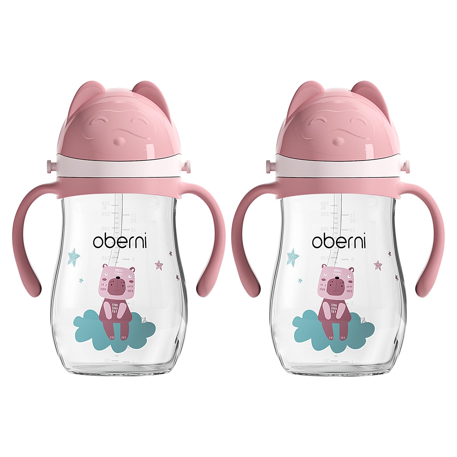 Oberni No Spill Toddler Sippy Cup, Weighted Straw Baby Water Bottle with Handle&Strap for 12 Months +, BPA-Free | Tritan | Leak Proof Valved Spout | 350ml | Pink | Pack of 2