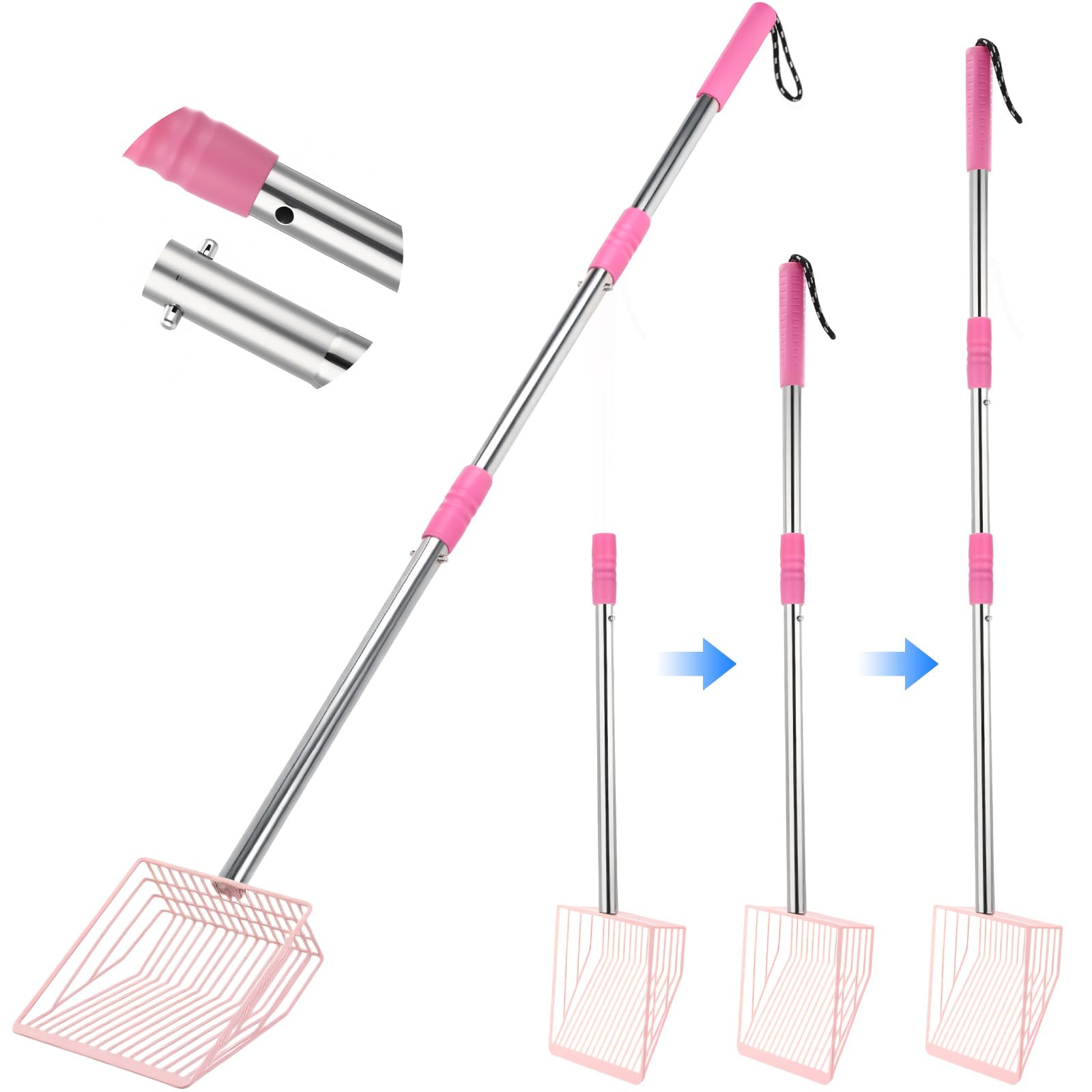 Lothee Pink Metal Cat Litter Scoop with Stainless Steel Long Handle, 22-43 Extendable Handle Cat Scooper with Deep Shovel Solid & Durable Fast Sifting Shovel for Litter Box Kitten Outside Dog Poop