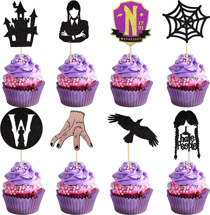 24 Pcs Birthday Addams Cupcake Toppers Glitter Fantasy Horror Thing Cupcake Picks for Magic Hand Black Bat Girl Fantasy Addams Family Birthday Party Cupcake Decorations Supplies