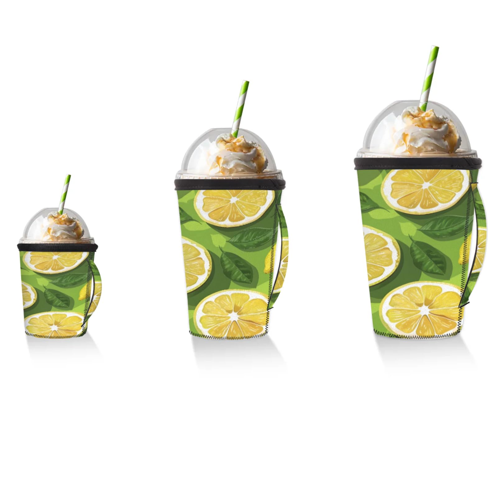 Lemon Slice Leaf Reusable Neoprene Coffee Sleeve with Handle Insulated Iced Coffee Cup Holder Reduces Condensation Fits 24-28 oz Cups M