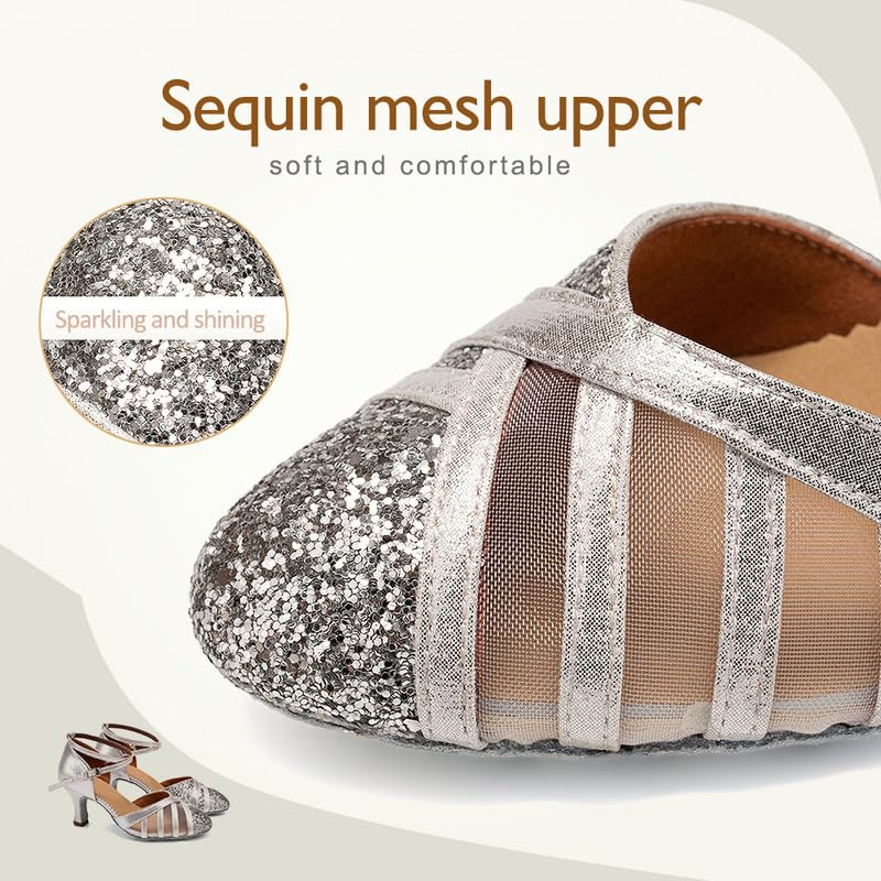 TINRYMX Womens Latin Dance Shoes Sequin Mesh Ballroom Salsa Tango Party Wedding Dance Shoes, DY105-Silver-5.5cm-Suede Sole,7.5 (M) US