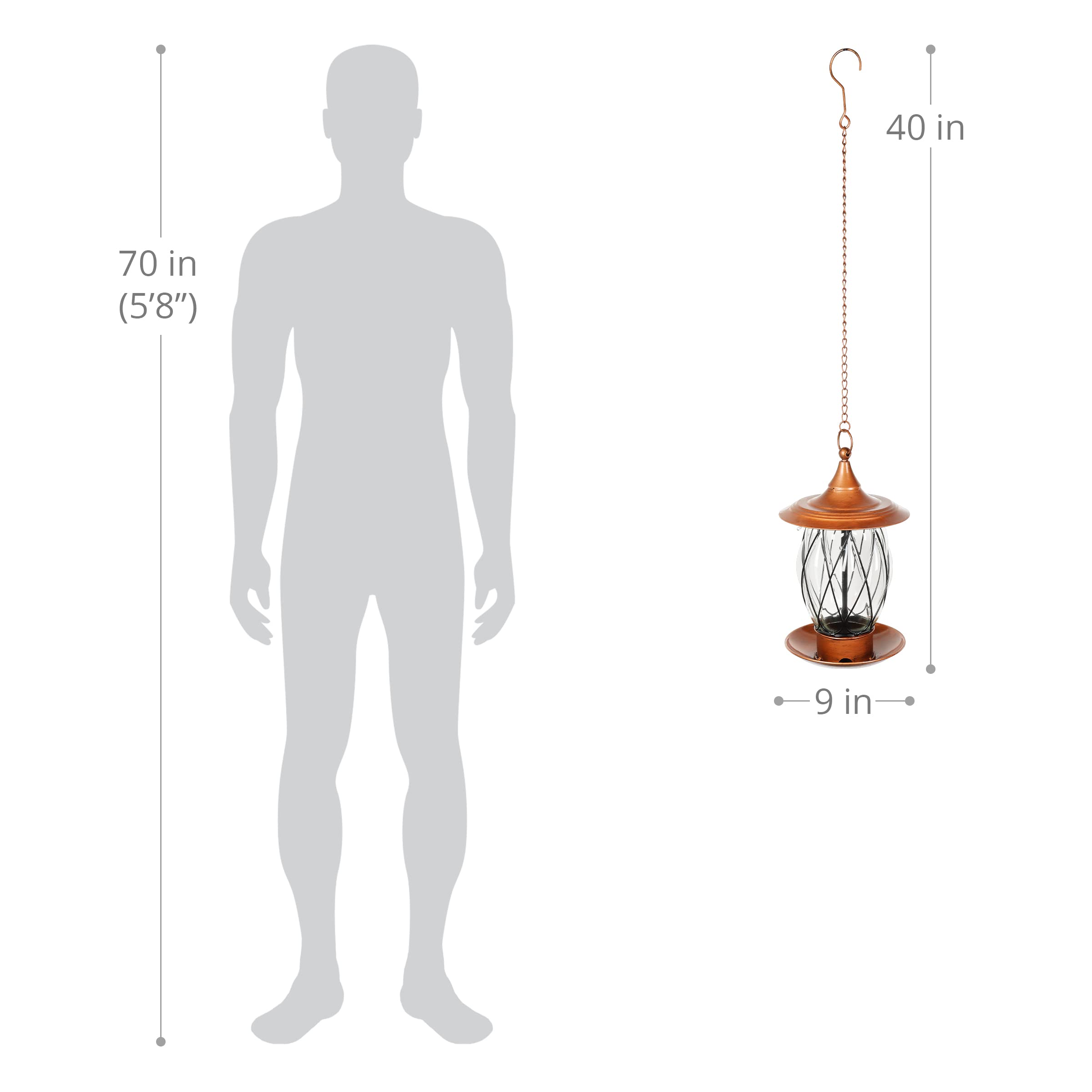 Exhart Solar Glass/Metal Hanging Bird Feeder, Easy Access, Ready to Hang, LED Bird Feeder, 9"x40"