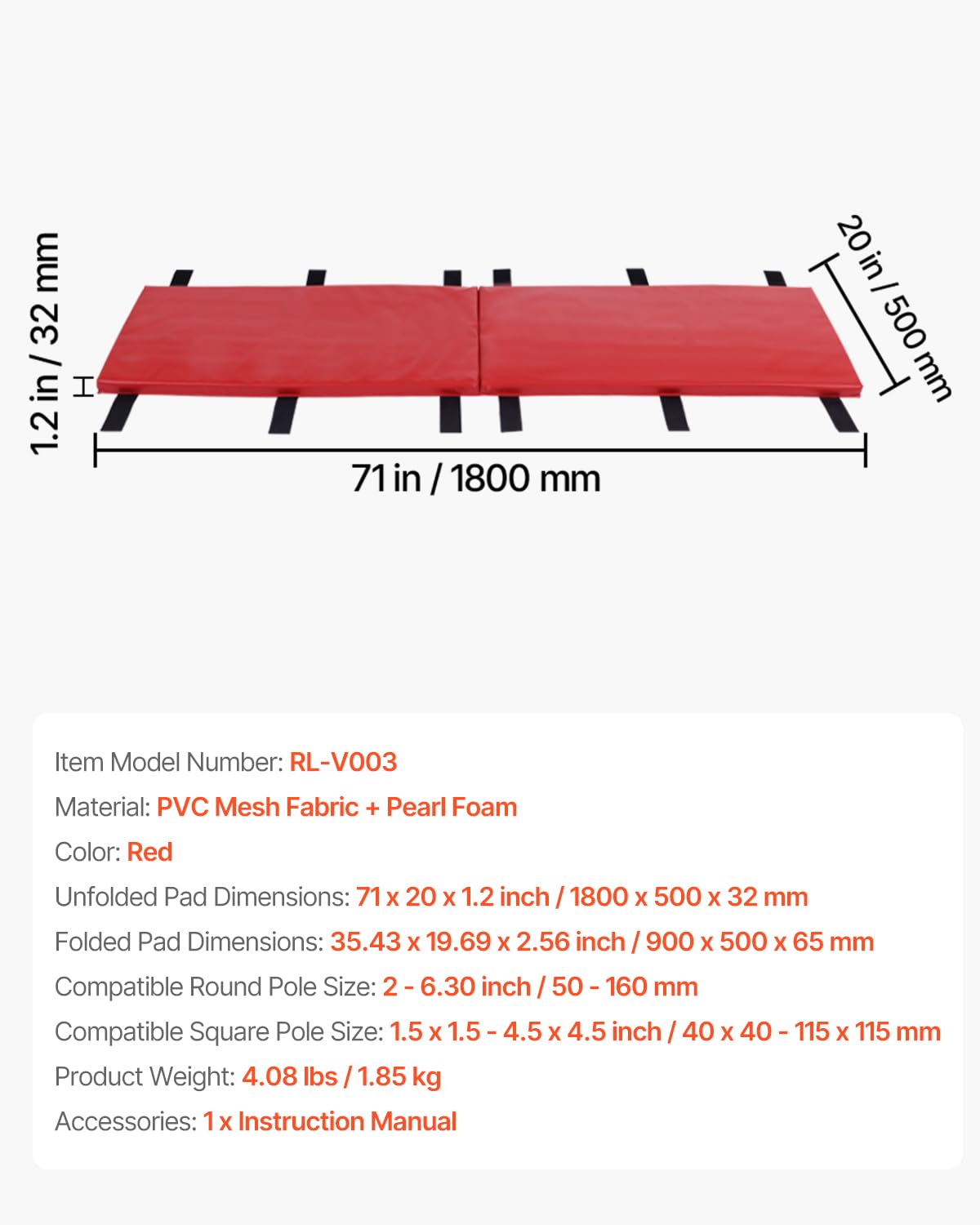 VEVOR Imbottitura Palo Basket 180 cm Quadrate 40x40-115x115 mm Tonde 50-160 mm Rosso