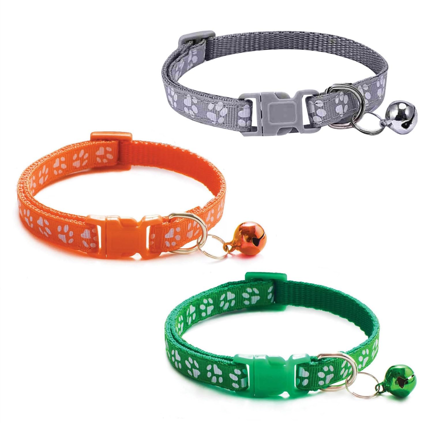 Litvibes Cat Collars Set of 3 with Bell,Kitten & Small Dog Soft Adjustable Collar Safe,Solid Breakaway for Cats & Puppies,Cute Kitty Neckband with Paw Print-(Grey,Orange,Dark Green) (B0CXVB6VQB) Amazon Price History, Amazon Price Tracker