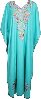 Indiatrendzs Womens Maxi Kaftan Embroidered Tunic Kimono Beach Wear Cotton Dress XXL Blue