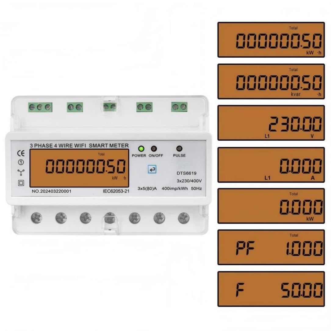 3 Fase 4 fili WiFi intelligente contatore di energia Tuya APP Monitor，100A | Tensione Corrente Fattore di potenza Frequenza DIN Rail kWh Meter