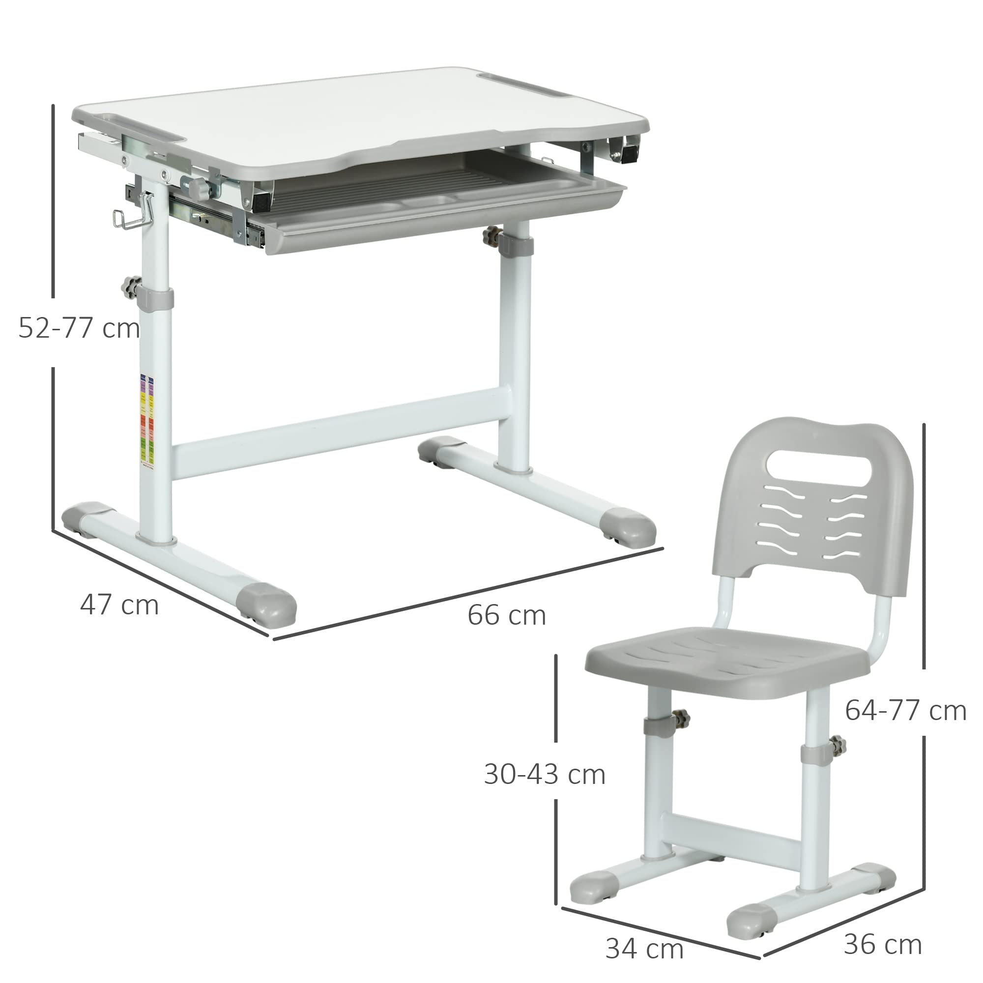 HOMCOM Escritorio infantil con silla, juego de escritorio y silla para niños con altura regulable, tablero inclinado 45°, cajón extraíble, portalápices y gancho - en acero gris-blanco