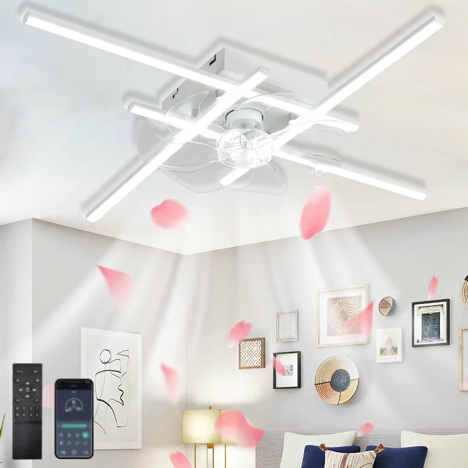 HXYSXHJUO Large Ceiling Fans with Lights and Remote Silent White, Modern Lamps for Bedrooms Living Room Loung, Fan Light Reversible 6 Speeds Timer Dimmable-33Inch