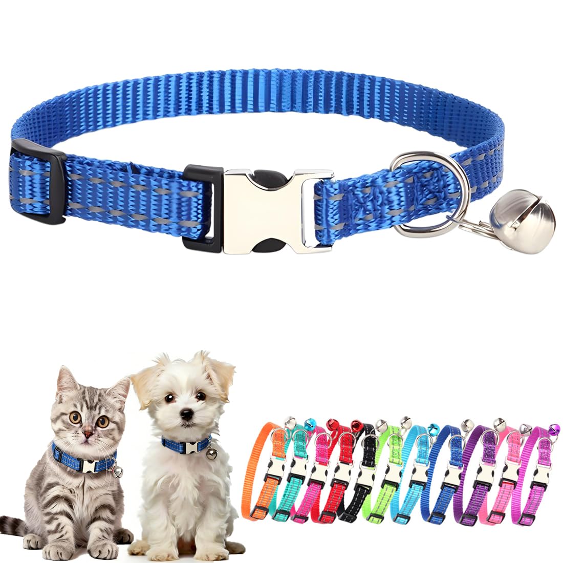Blue Puppy Collar With Bell, Nylon Reflective Cat Collar With Bells Metal Buckle Adjustable Kitten Collars For XXS XS XSmall Tiny Little Extra Small Breed Pets Boys Girls Male Female, X-Small