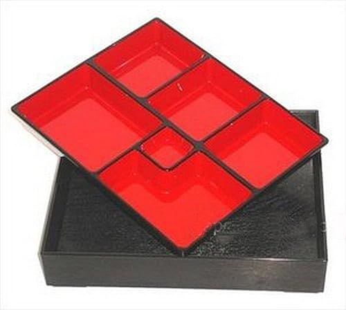Miniatura 7 de JapanBargain, Lonchera Bento tradicional japonesa de plástico lacado rojo y negro, 6 compartimentos para restaurante o hogar, juego de bandejas y