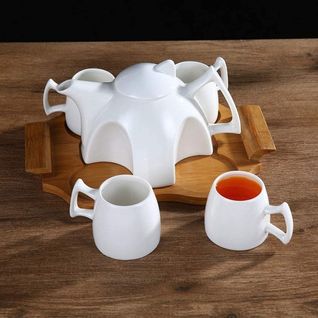 Nowoczesny ceramiczny zestaw do herbaty z drewnianą tacą - prosty czajniczek i filiżanki do herbaty do domu popołudniowej herbaty i kawy - elegancki prezent dla miłośników herbaty