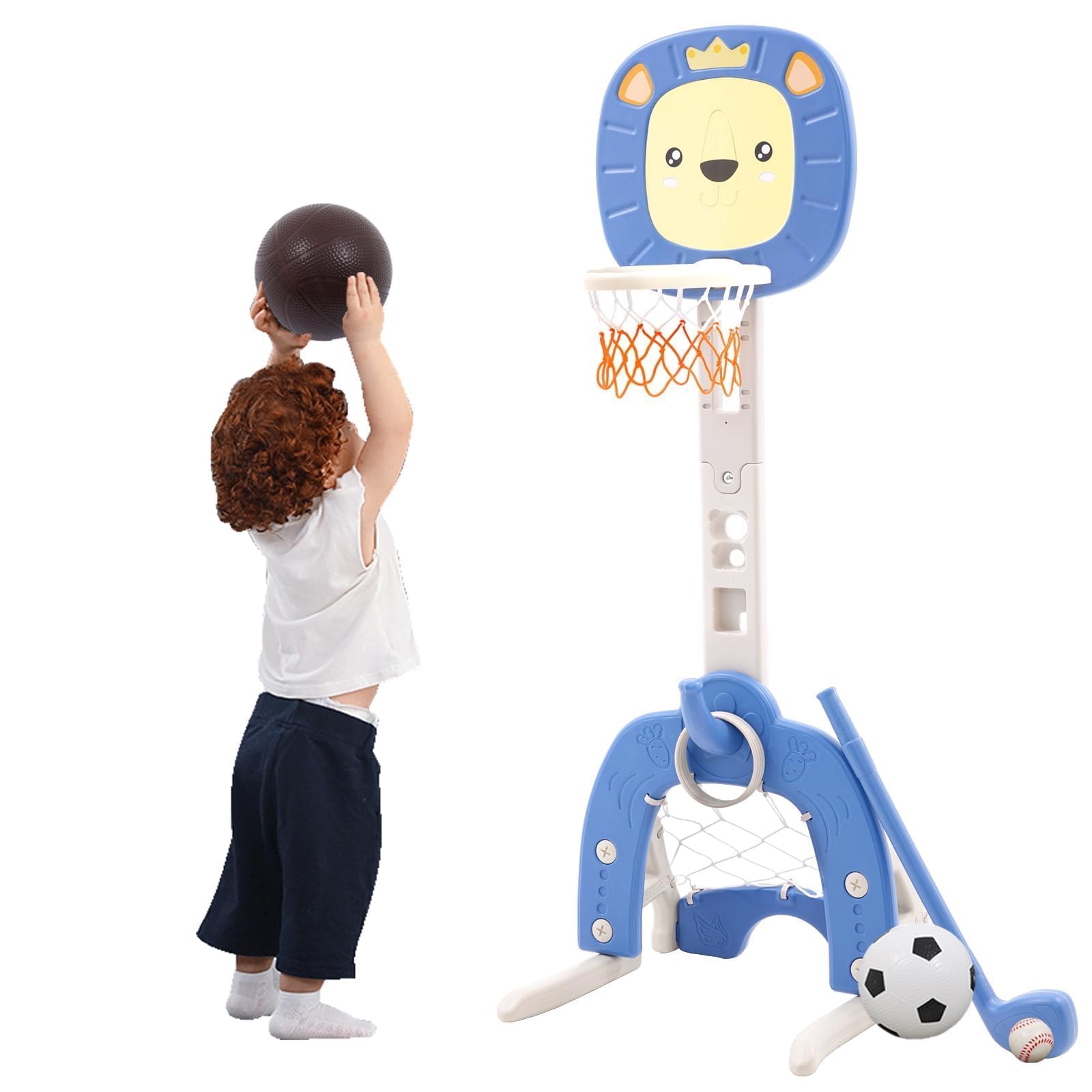 Panier de Basket Enfant 4 en 1 Intérieur avec Jeu de Basketball, Lancer d'Anneaux,Panier de Basket Flottant,Football et Golf - Réglable en Hauteur 120-150cm - pour Enfants 3 à 7 Ans (Bleu)