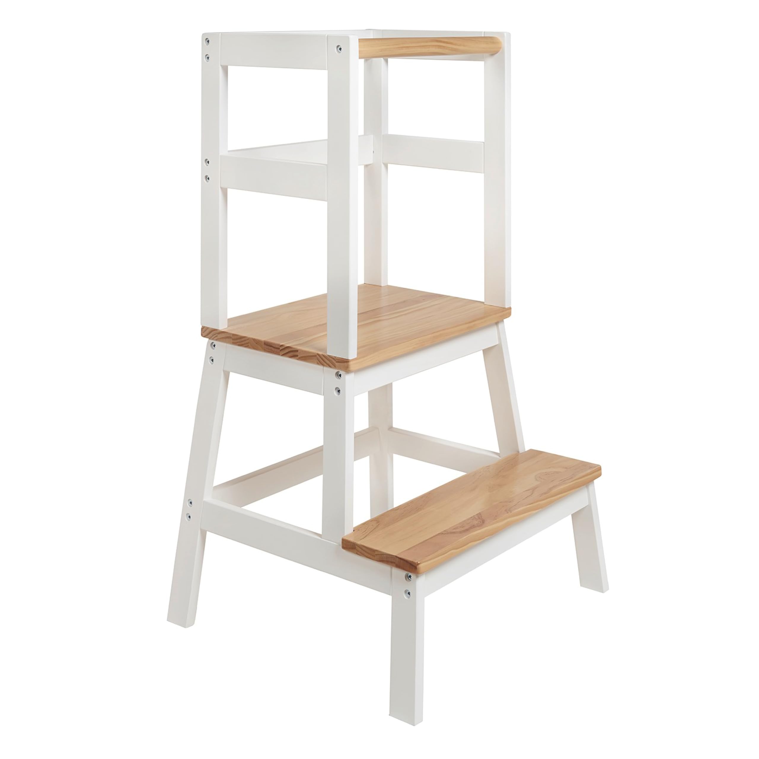 BOMI® Swubi Montessori Lernturm ab 1 Jahr | Sicherer Tritthocker Kinder 2 Stufen | Learning Tower für Kind & Baby aus Holz | Schemel, Lernstuhl als Stehhilfe, Tritthocker Holz, Kinderhocker Weiß Natur