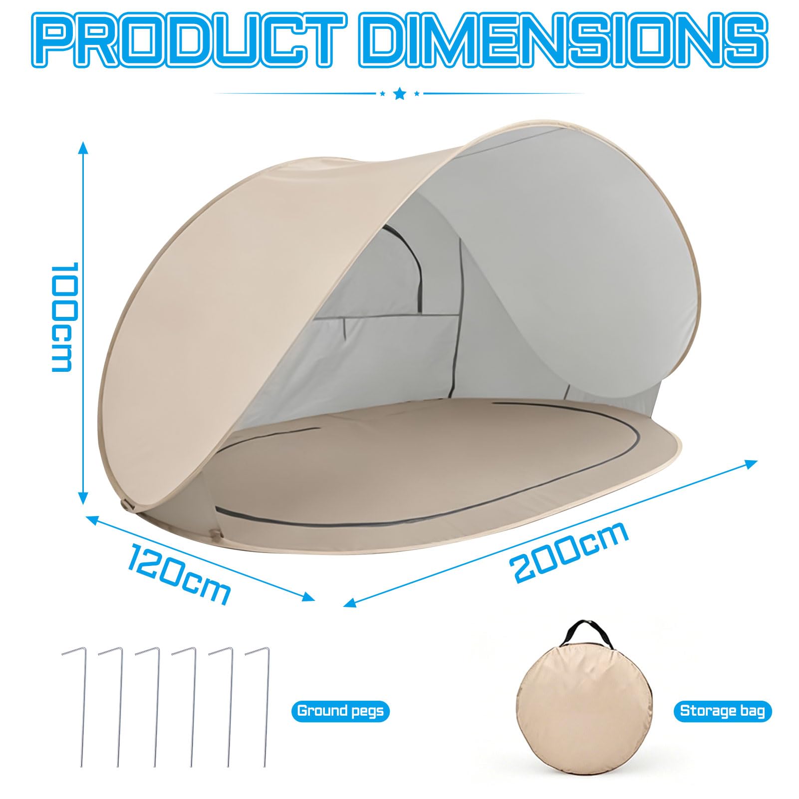Pop-Up Zelt Strandmuschel mit UV-Schutz 40+, 200 * 120 * 100cm Pop Up Strandmuschel mit 6 Haken, 3-4 Personen Strandzelt, Windschutz Sonnenschutz Strand, UV Strand Zelt für Camping Strand