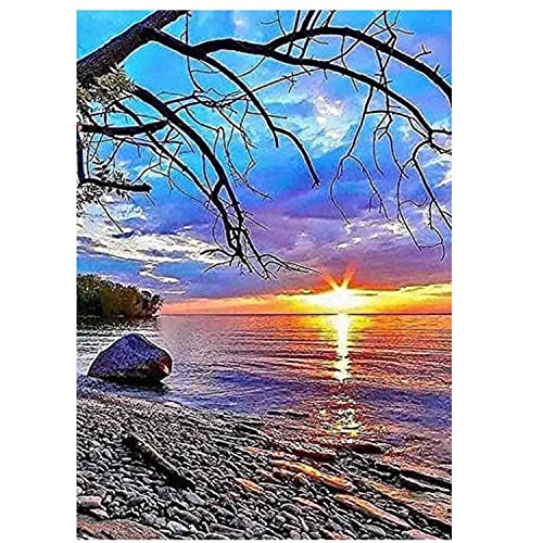 30*40 CM Diamond Painting Complet, DIY 5D Diamant Peinture Point De Croix en Bord de Mer Rond Complet Diamond Painting Point de Croix Peinture Strass Broderie Craft pour Home Décoration Murale Cover