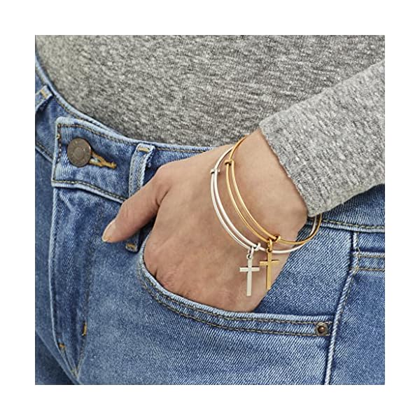 Alex and Ani Divine Guides Expandable Bangle Bracelet for Women, Cross Charm, Midnight Silver Finish, 2 to 3.5 in