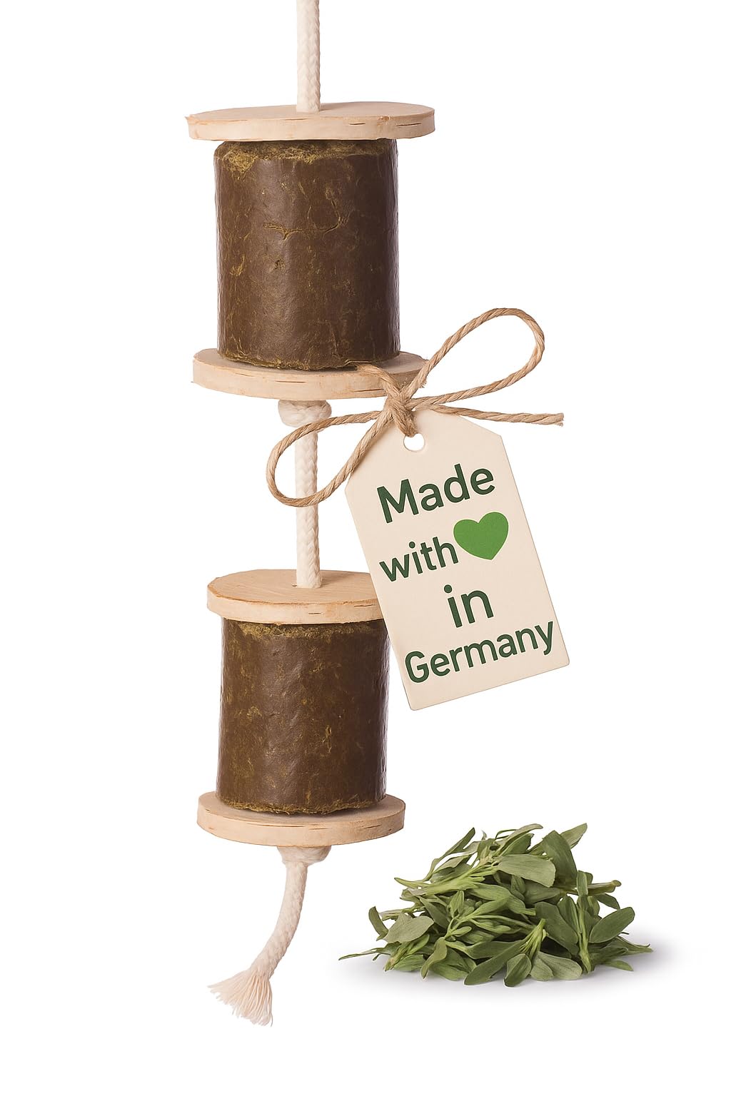 LAX Wiesenprodukte Spielseil für Pferde 1 kg (1 Stück) – Getreidefreies Beschäftigungsfutter mit Luzerne & Holzscheiben – Natürlicher & rohfaserreicher Pferdesnack