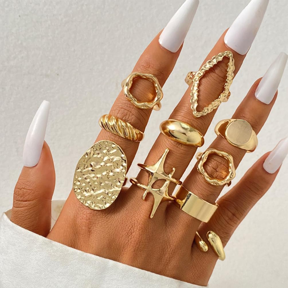 10Pcs Gold Chunky Rings Set Stackable for Women Non Tarnish, Statement Dome Huggie Circle Hammered Big Open Ring Knuckle Finger Party Jewelry Gifts - Image 9