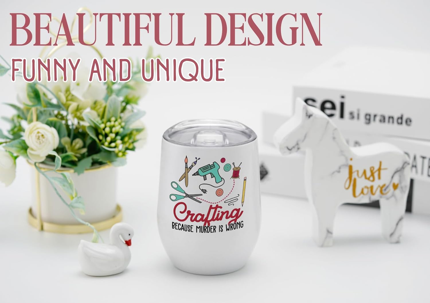 Onebttl Gifts for Crafters, Crafting Gifts for Women - Tumbler for Crafters, Female, Her - Because Murder is Wrong - 12oz/350ml Stainless Steel Insulated Tumbler - White