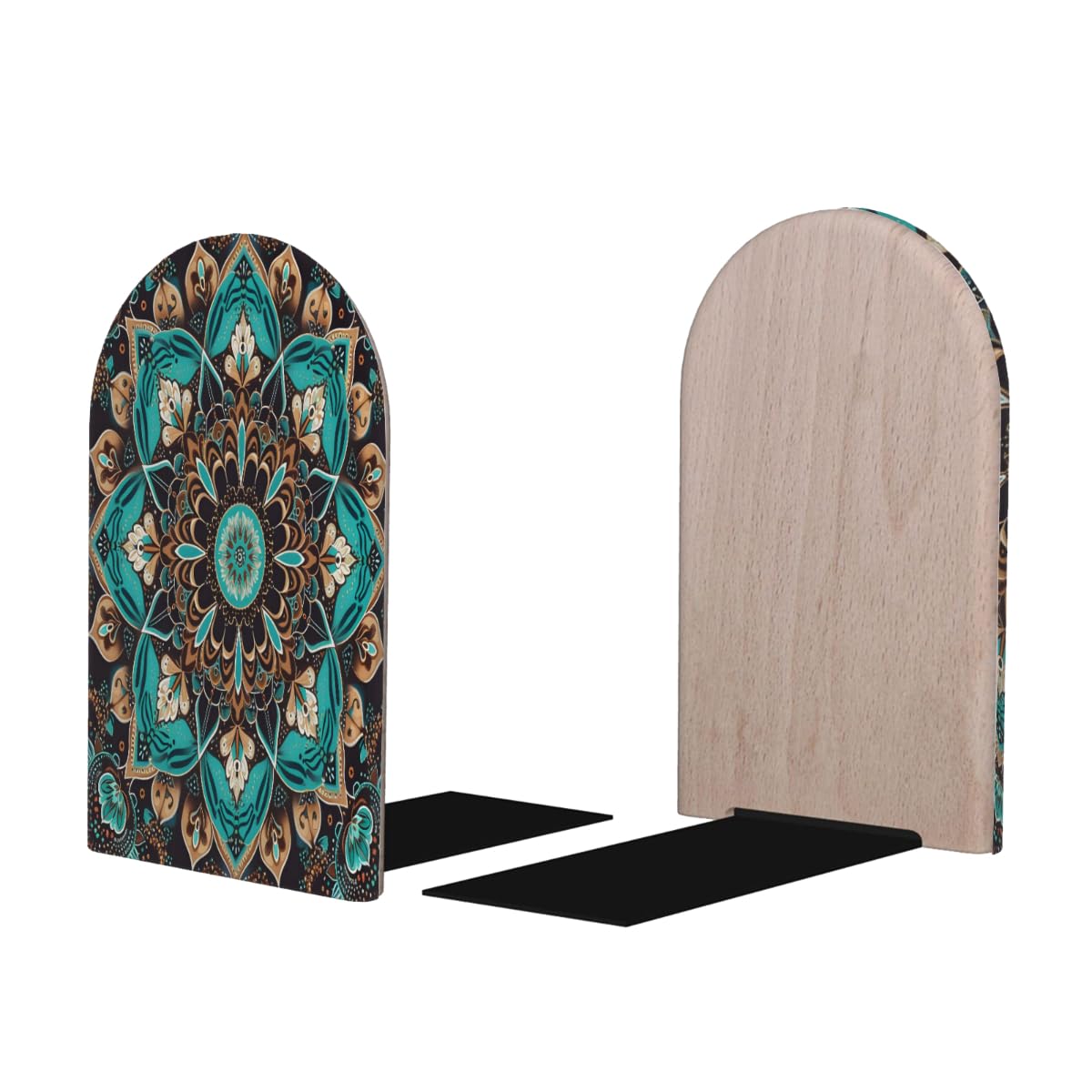 (2 PCS/1 Pairs) Wood Bookends Mandala Blue Flower Vintage Decorative Wood Bookends for Student School Shelves Kids Room Desk Home Office Book Stoppers for Holiding Books 5x3 Inch