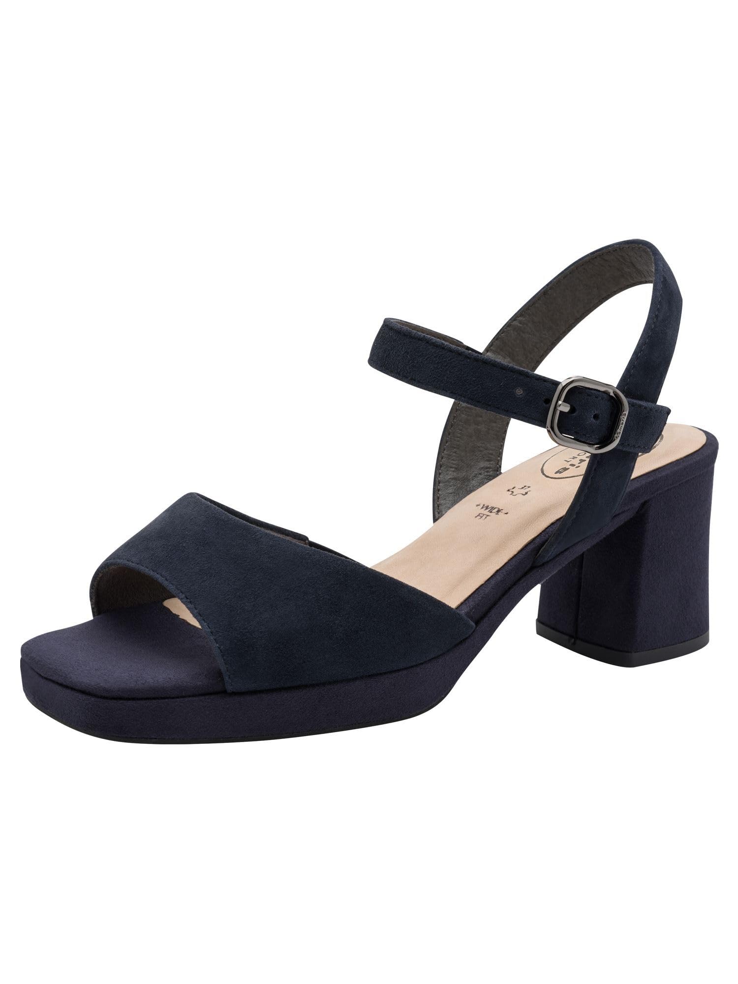 Tamaris Damen Wide Fit Damen Sandalen mit Absatz aus Leder mit verstellbarem Riemen, blau (Navy Suede), 42 EU