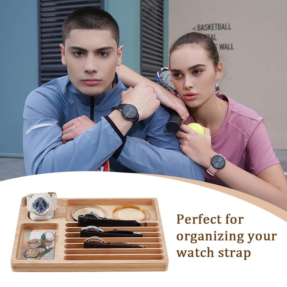 OLYCRAFT Organizador de correa de reloj de madera con pantalla de silicona, 19 x 26,5 x 2 cm, bandeja de pantalla grande con estación de carga, correas de reloj, relojes, bandeja de almacenamiento