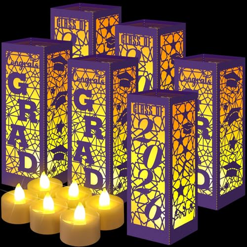 Image of Rossesay 12 Pcs Graduation Table Centerpieces Boxes Class of 2026 Graduation Lanterns for Centerpieces with LED Candles Congrats Grad School College Photo Props for Party Table Decoration (Purple)