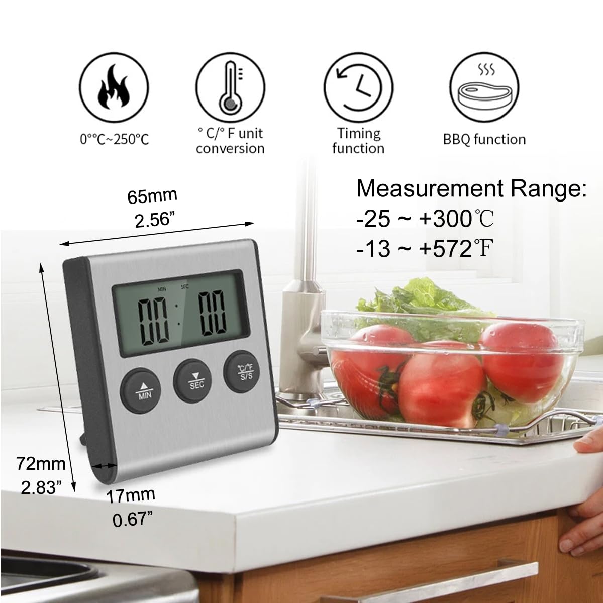 Grand thermomètre numérique LCD pour cuisson des aliments et de la viande avec sonde en acier inoxydable, fumoir, four, barbecue