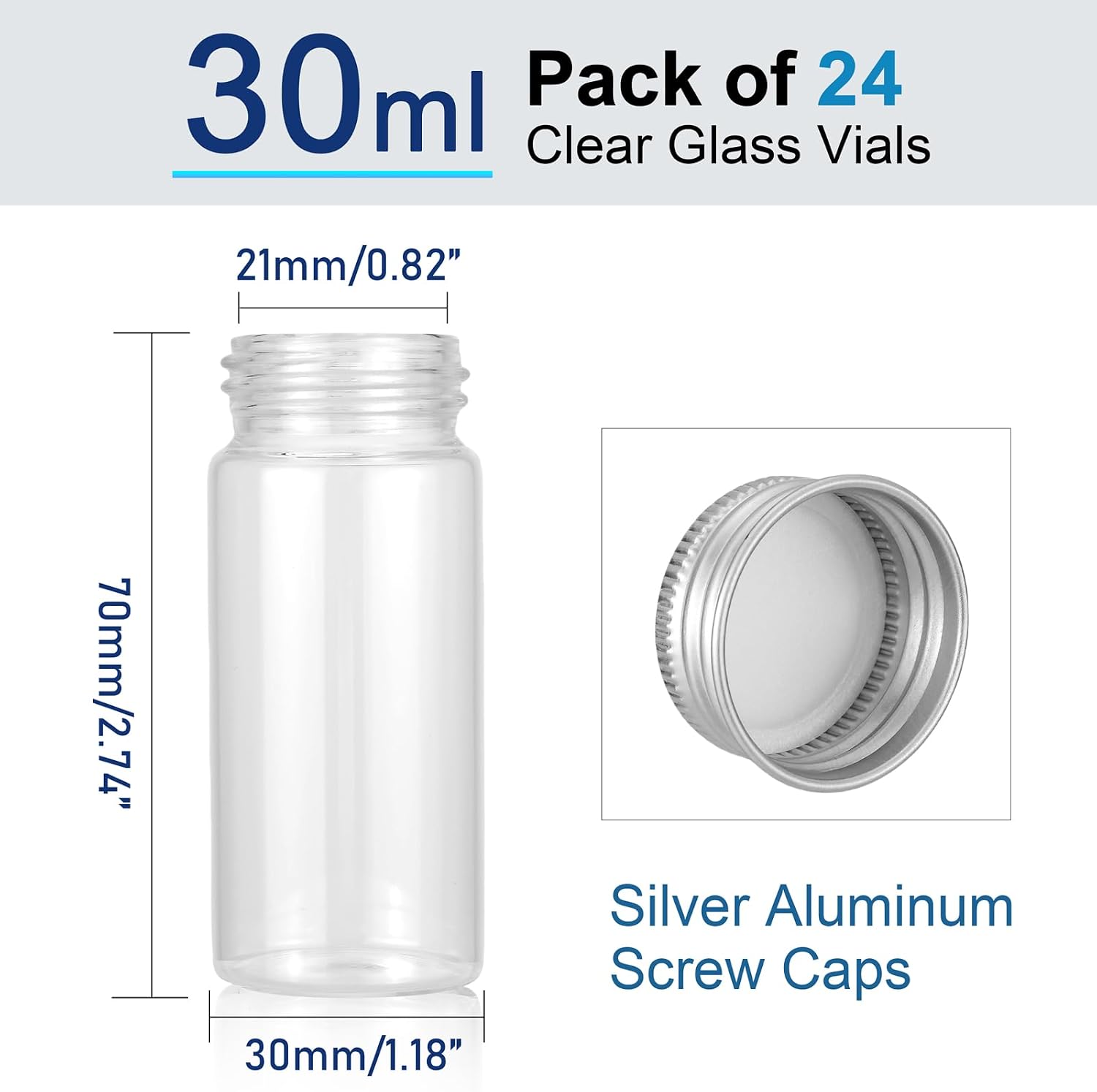 24Pcs 30mL Clear Glass Vials with Silver Aluminum Screw Caps | 1 Oz Empty Lab Sample Vials Refillable Bottles for DIY Crafts Essential Oils Storage Wedding Decoration