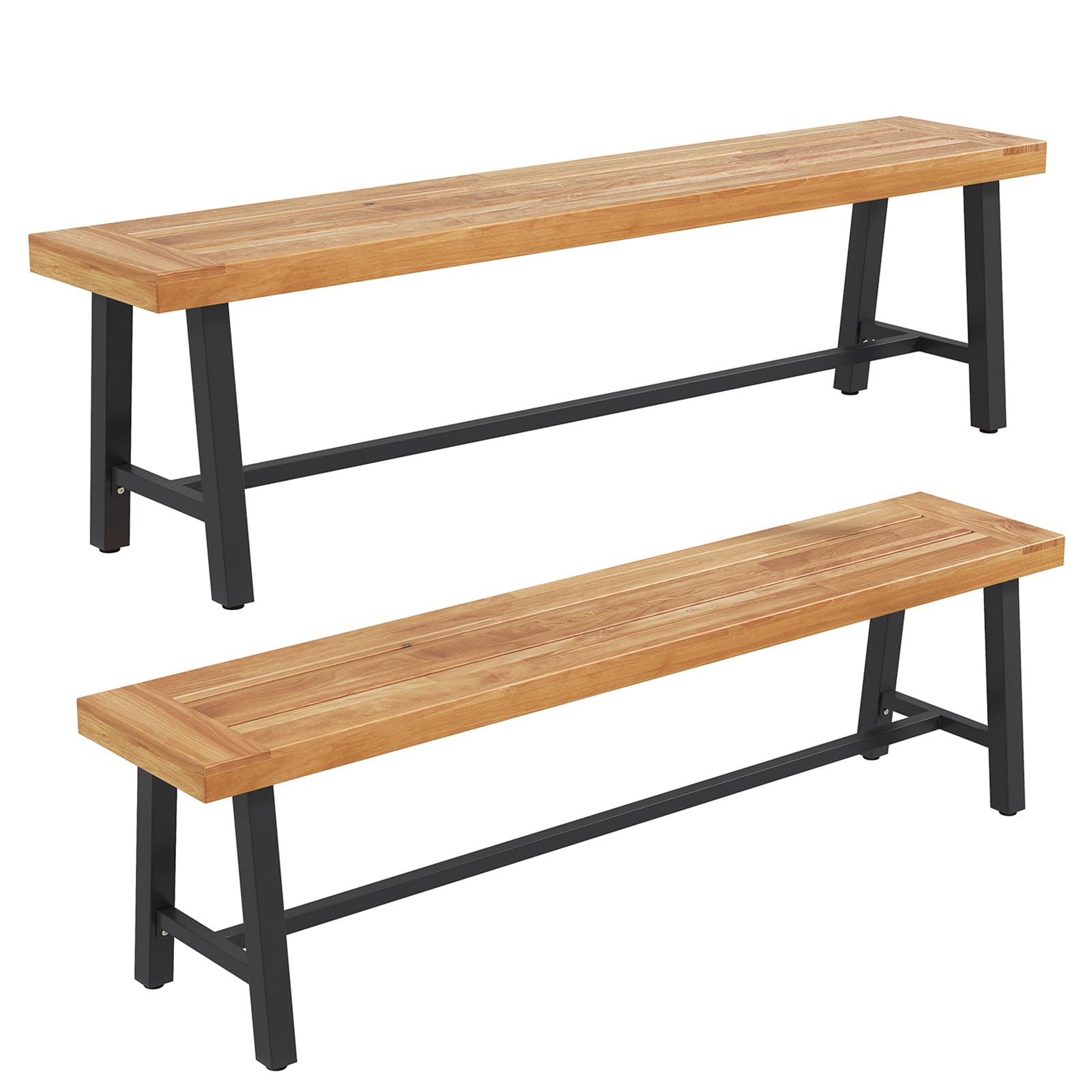 Toolsempire Outdoor Bench Garden Bench Set of 2, 63" Backless Acacia Wood Bench with Heavy-Duty Metal Legs, Patio Dining Bench Front Porch Benches for