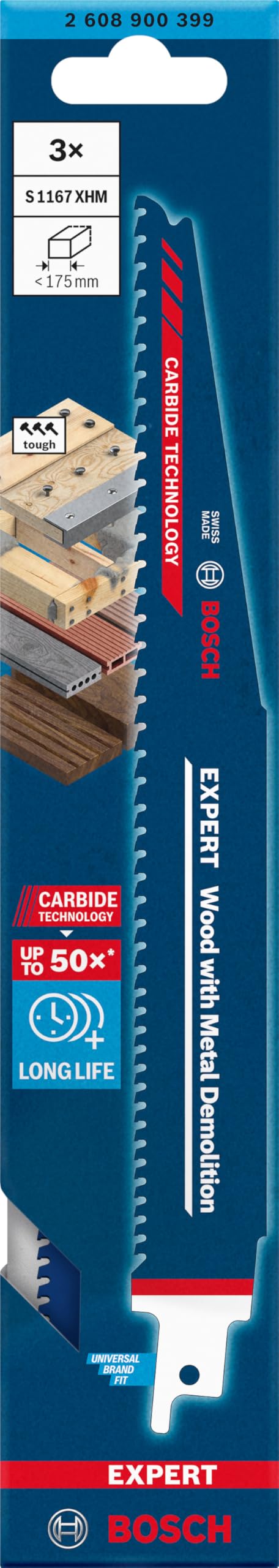 Bosch Professional 3x Expert ‘Wood with Metal Demolition’ S 1167 XHM Säbelsägeblatt (für Holz mit zähem Metall, Länge 225 mm, Zubehör Säbelsäge)