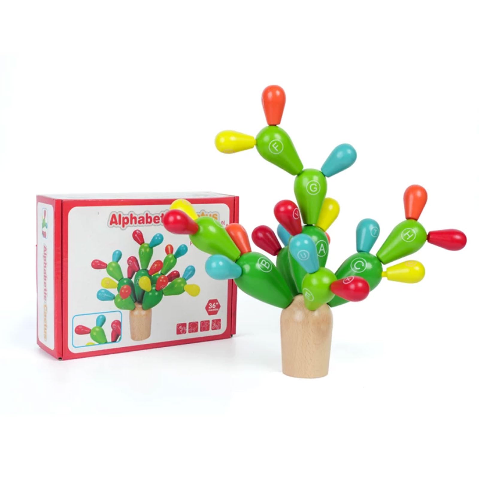 Juguete Montessori de Madera para Apilar Letras en Forma de Cactus | Bloques de Construcción del Alfabeto | Juguete Educativo para Aprendizaje Preescolar