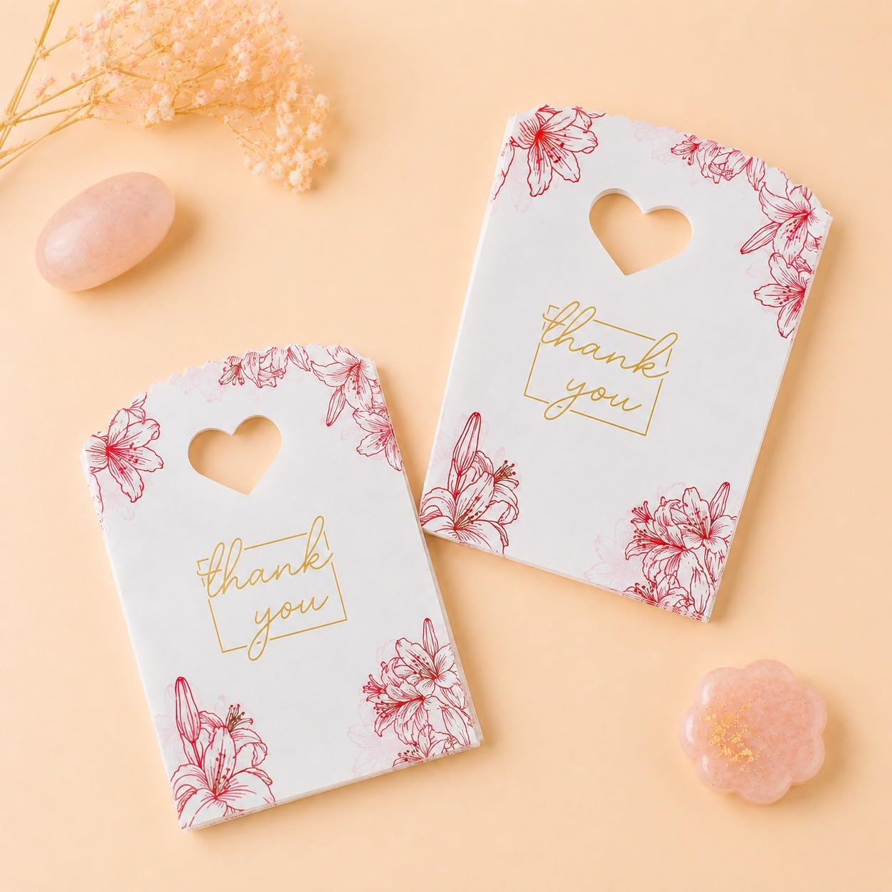 SATYAM KRAFT 50 Pcs Floral Thank You Printed Pouches with Heart Handle for Wedding Return Gift Bags, Dry Fruits Storage, Festival Gifts, Baby Shower and Theme Party Packing Bags (White & Red)