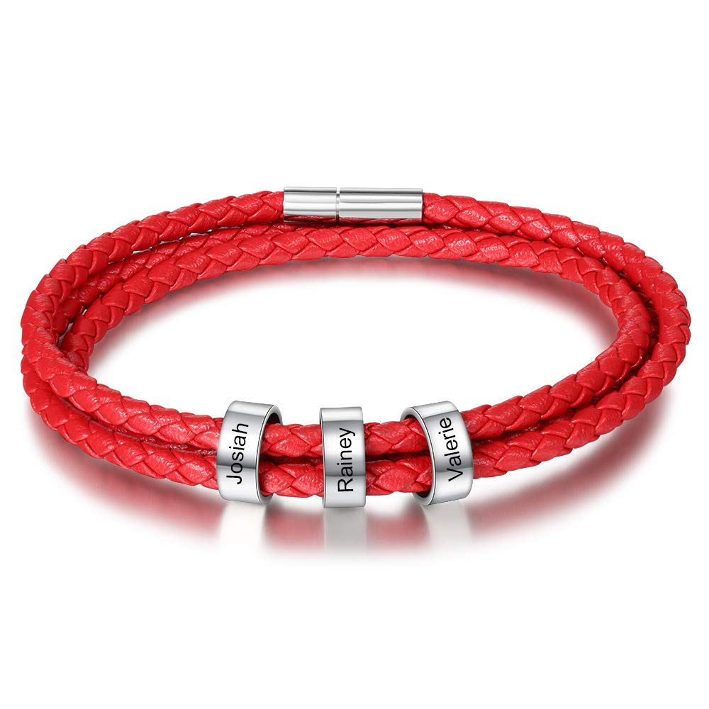 DaMeiPersonalizada Pulseras para Hombre Cuero con Nombre para Familia Pareja Brazalete Plata Hombre Mujer Pulsera de España - Ideas Regalo para Hombre da Cumpleaños Aniversario (Red)