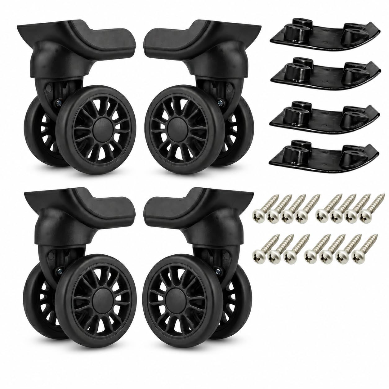 premium luggage wheel replacement kit, black, set of 4, universal fit for suitcase and trolley bag, with screws and washers
