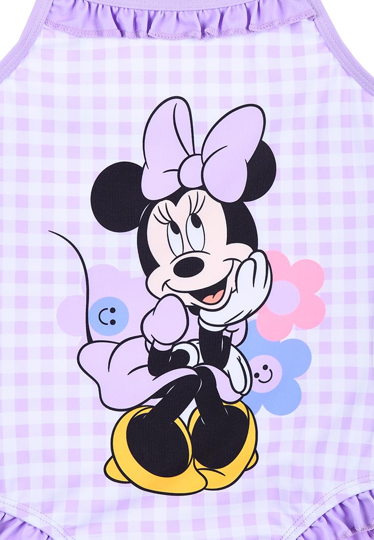 Disney Minnie Mouse kostium kąpielowy dla dziewcząt, jednoczęściowy kostium kąpielowy z falbankami, ramiączka, w kratkę, czerwony lub fioletowy