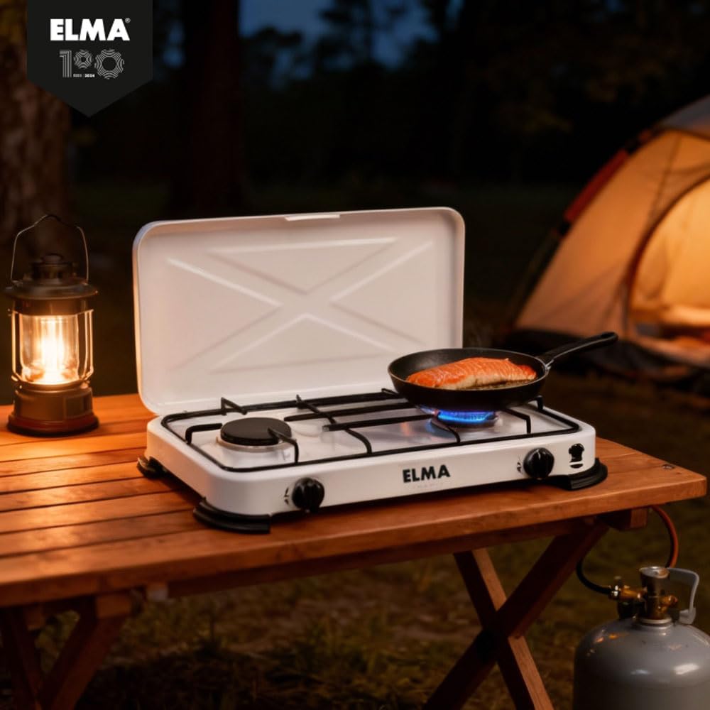 ELMA Cocina a Gas Portátil 2 Fuegos – Compacta y Ligera, Ideal para Camping, Caravanas y Uso en Casa | Compatible con Gas Butano y Propano, Incluye Instrucciones de Montaje | 58 x 28 x 5,5 cm