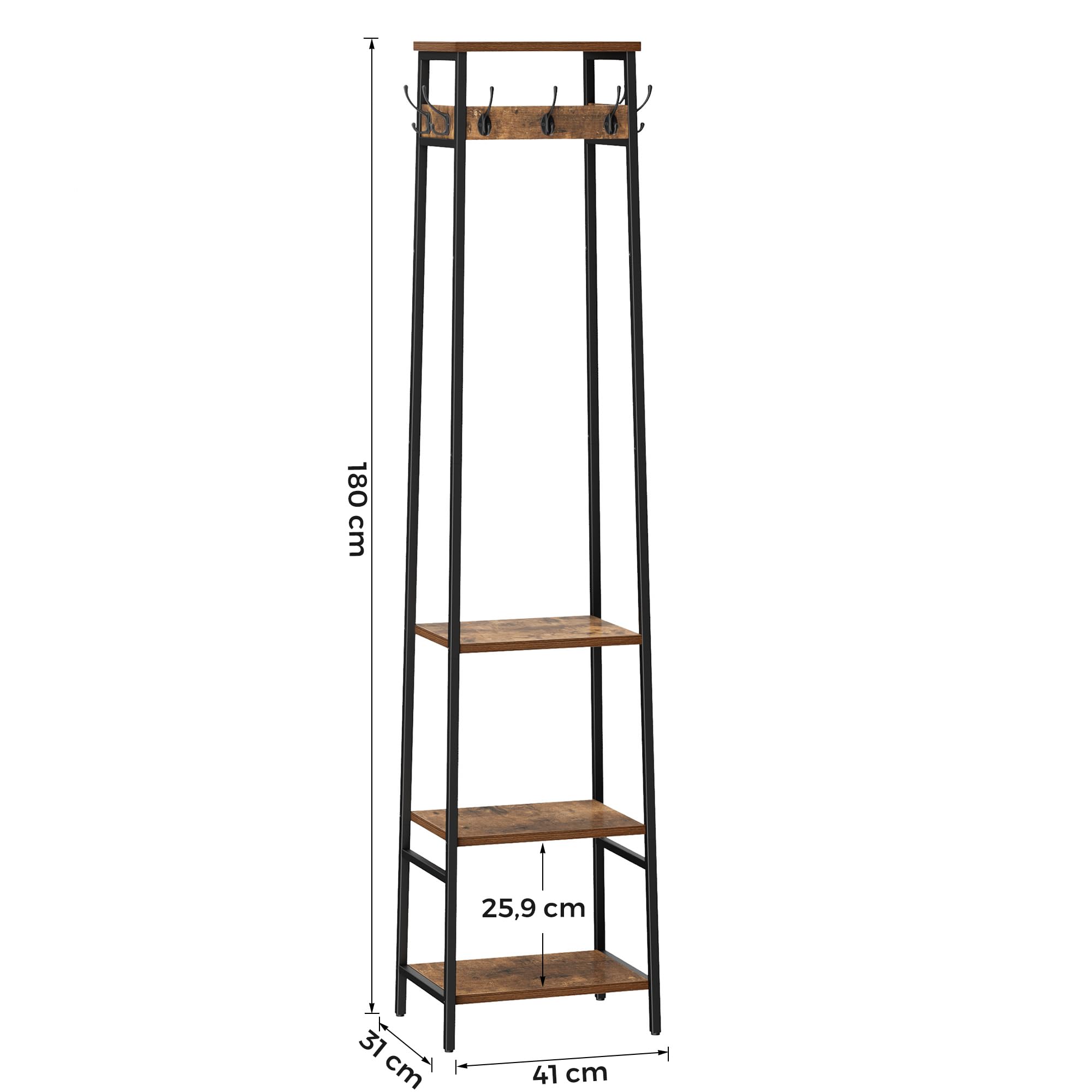 Freistehender Garderobenständer, Garderobe mit 3 Regalen und 7 Haken, Hall Tree Stehorganizer, Kleiderständer Organizer, Industriestil, Rustikales Braun & Schwarz