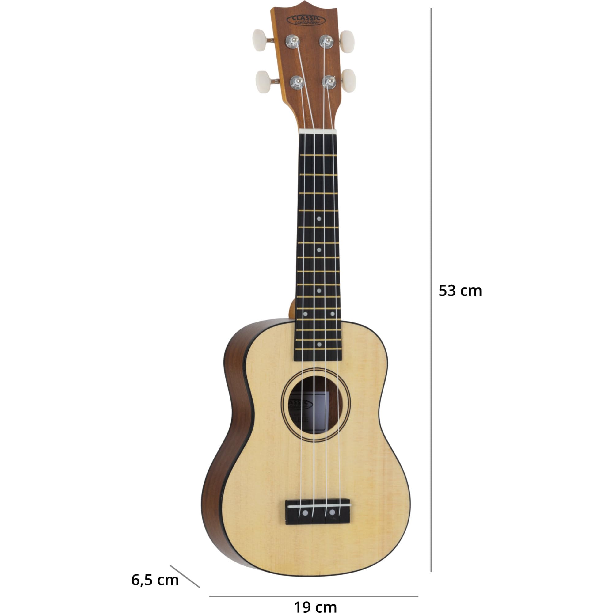 Classic Cantabile Sopran Ukulele Natural Set inkl. Grifftabelle, 15 Bünde | Sopran-Mensur (343 mm), Gesamtlänge: 54 cm, Decke: Fichte, Boden und Zargen: Sapele, Hals: Okoume, Griffbrett: Black Richnite